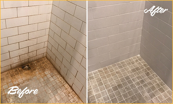 Before and After Picture of a Town n Country Shower Grout Sealed to Eliminate Mold