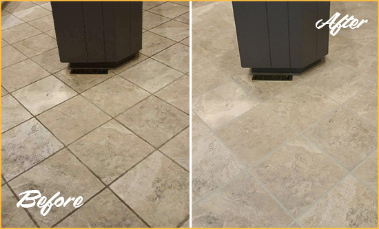 Before and After Picture of a Ybor City Kitchen Floor Grout Sealed to Remove Stains