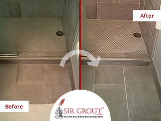 Before and After Picture of a Bathroom Grout Recoloring Service in St. Petersburg, Florida