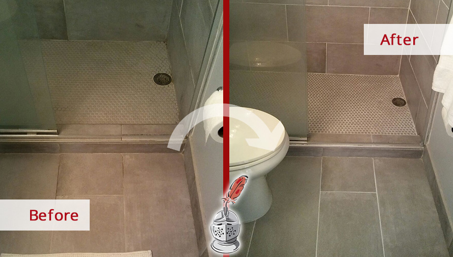 Before and After Picture of a Bathroom Grout Recoloring Service in St. Petersburg, Florida