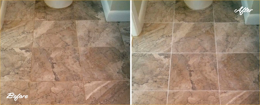 A Grout Recoloring in Clearwater, FL Totally Revamped the Appearance of This Tile Bathroom Before and After Picture of a Tile Bathroom Grout Cleaning Service in Clearwater, Florida