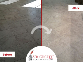 Before and After Picture of a Tile Floor Grout Cleaning Service in Land O' Lakes, Florida