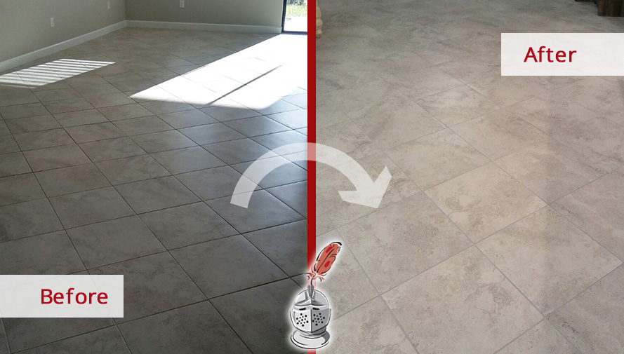 Thanks to Our Grout Cleaning Service This Tile Floor Was Restored in Land O' Lakes, FL Before and After Picture of a Tile Floor Grout Cleaning Service in Land O' Lakes, Florida