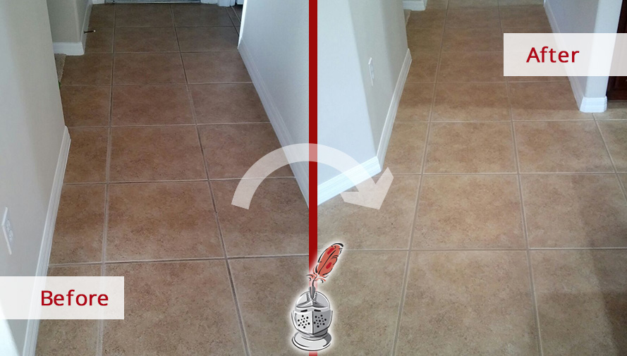 This Kitchen Floor Was Revamped After a Grout Cleaning Service in New Port Richey, FL Before and After Picture of a Kitchen Floor Grout Cleaning Service in New Port Richey, Florida