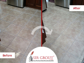 Before and After Picture of a Kitchen Floor Grout Cleaning Service in New Port Richey, Florida