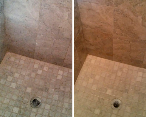 Before and After Picture of a Travertine Shower Grout Cleaning in Clearwater, Florida