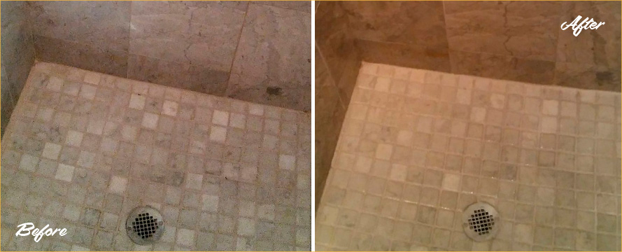 Before and After Picture of a Travertine Shower Grout Cleaning in Clearwater, Florida