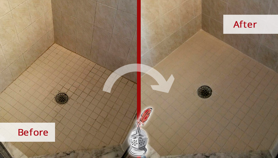Before and After Picture of a Tile Shower Grout Cleaning in Palm Harbor, Florida