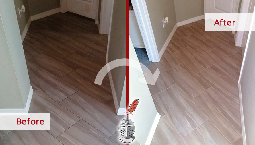 Before and After Picture of a Tile Floor Grout Cleaning Job in Lutz, Florida