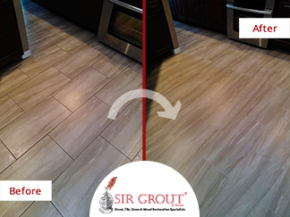 Before and After Picture of a Tile Floor Grout Cleaning Job in Lutz, Florida