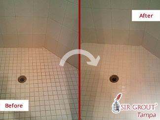 Before and After Picture of a Tile Shower Floor Grout Sealing Service in Clearwater, Florida