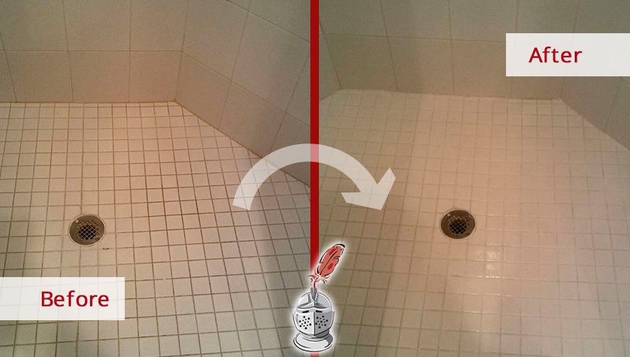 Before and After Picture of a Tile Shower Floor Grout Sealing Service in Clearwater, Florida