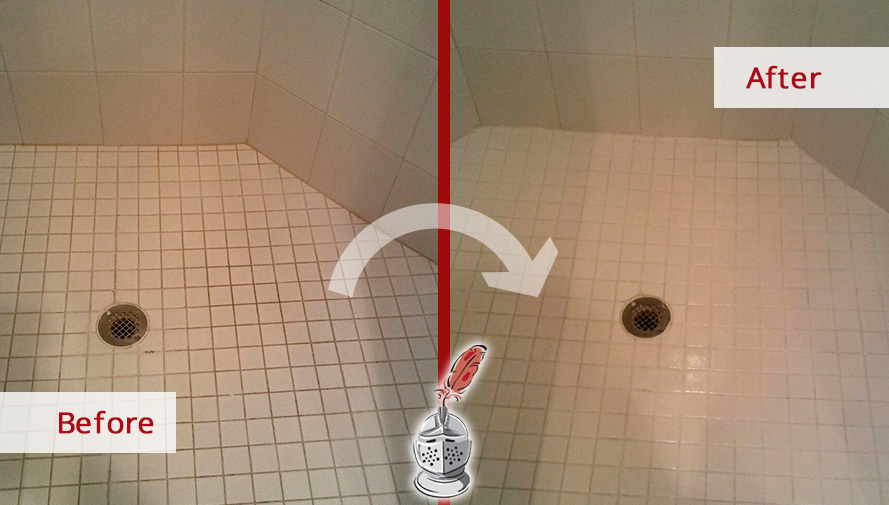 Our Grout Sealing Service Enhanced the Appearance of This Tile Shower Floor in Clearwater, FL Before and After Picture of a Tile Shower Floor Grout Sealing Service in Clearwater, Florida