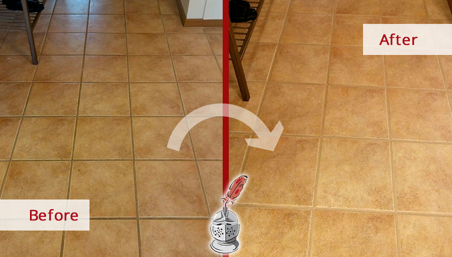Thanks to Our Grout Sealing Experts This Tile Floor Was Brought Back to Its Pristine Looks Before and After Picture of a Tile Floor Grout Sealing Job in Sun City Center, Florida