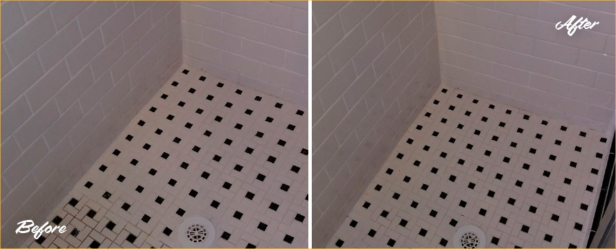 Before and After Picture of a Bathroom Floor Grout Cleaning Job in Tampa