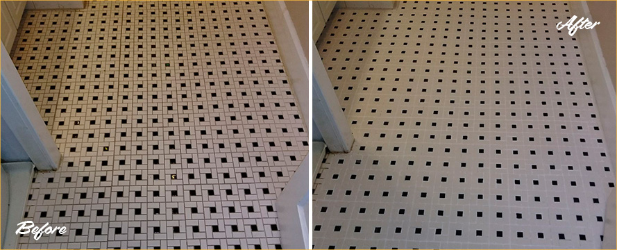 Before and After Picture of a Bathroom Floor Grout Cleaning Job in Tampa, Florida