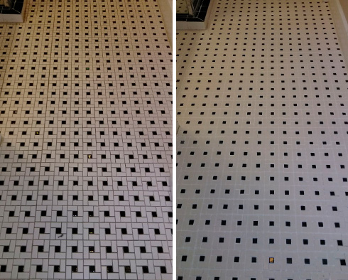 Before and After Picture of a Bathroom Floor Grout Cleaning Job in Tampa, Florida