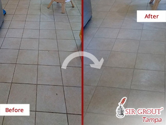 Before and After Picture of a Kitchen Tile Floor Grout Sealing Service in Land O' Lakes, Florida