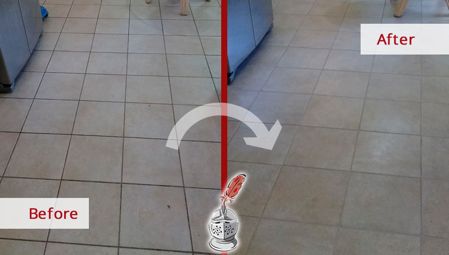 Before and After Picture of a Kitchen Tile Floor Grout Sealing Service in Land O' Lakes, Florida