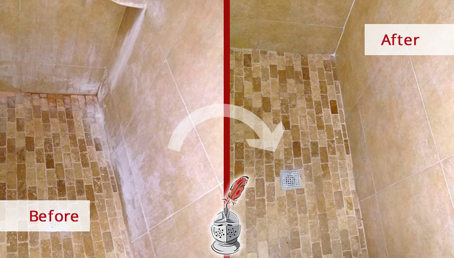 Before and After Picture of a Travertine Shower Floor Stone Cleaning Service in Land O' Lakes, Florida