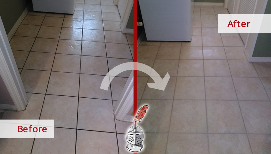Before and After Picture of a Ceramic Tile Kitchen Floor Grout Sealing Service in Sun City Center, FL