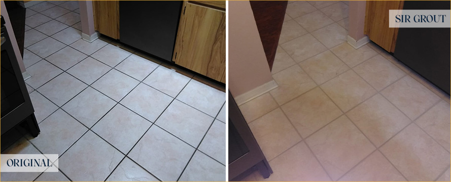 Kitchen Floor Before and After a Flawless Grout Sealing in Sun City Center, FL