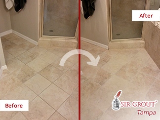 Image of a Bathroom Floor Before and After a Tile Cleaning in Brandon