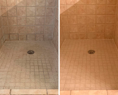 Shower Floor Before and After Our Caulking Services in Clearwater, FL