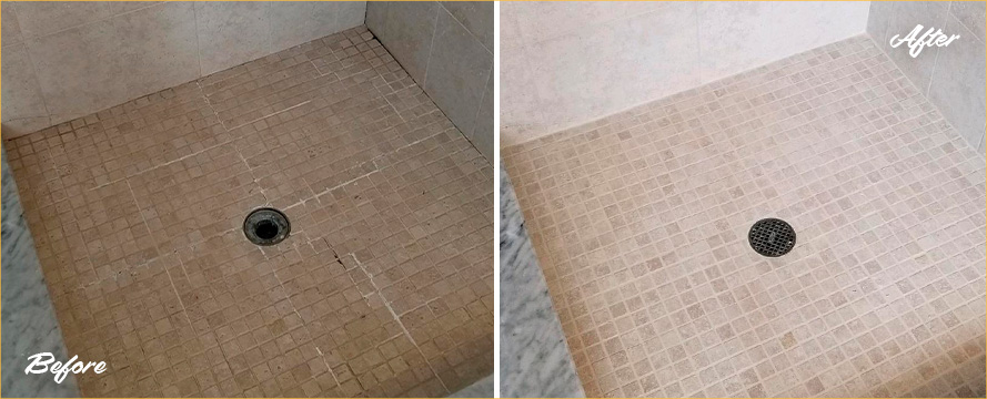 Shower Before and After a Remarkable Tile Cleaning in Tampa, FL