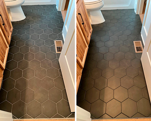 Ceramic Tile Floor Before and After a Grout Recoloring in Wesley Chapel