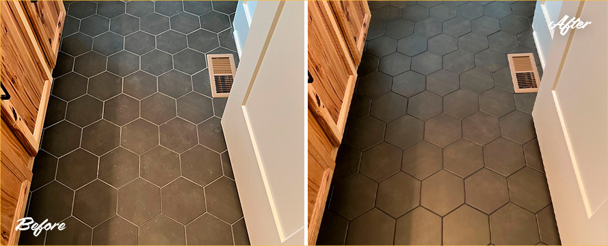 Ceramic Tile Floor Before and After a Grout Recoloring in Wesley Chapel