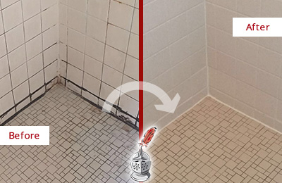 Before and After Picture of Bathroom Caulking on a Shower with Mold and Mildew