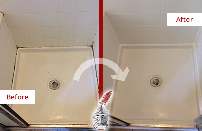 Sir Grout Restored this Shower Wall Joints with a Shower Caulking to Replace Damaged Caulk Before and After Picture of a Shower Caulking on the Wall Joints