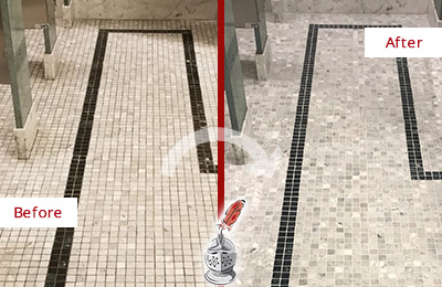 Sir Grout Tampa Stone Cleaning Services Can Help Repair the Look of this Grimy Hospital's Restroom Before and After Picture of a Hospital Travertine Bathroom Floor Stone Cleaning Service