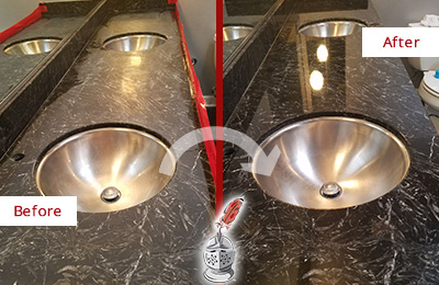 Sir Grout Tampa Stone Services Are Ideal for Enhancing Restrooms Marble Countertops and Keep Them Perfect All Year Round Picture of an Office Restroom's Marble Countertop Before and After Color Enhancement and Restoration