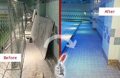 Sir Grout Tampa Cleans and Seals this Gym Tile Pool Deck to Repair Damage Before and After Picture of a Gym Tile Pool Deck Cleaned and Sealed to Repair Damage