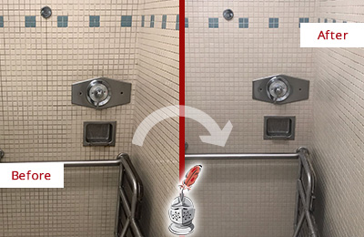 Sir Grout Tampa Restores, Cleans and Seals this Grimy Hospital Shower to Remove Mold and Dirt Before and After Picture of a Grimy Hospital Shower Restored, Cleaned and Sealed to Remove Mold and Dirt
