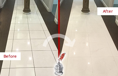 Sir Grout Tampa Restores, Cleans and Seals this Medical Center Floor to Remove Stains Before and After Picture of a Medical Center Floor Restored, Cleaned and Sealed to Remove Stains