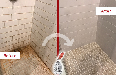 Before and After Picture of a Hunter's Green Shower Tile and Grout Cleaned to Eliminate Mold and Stains