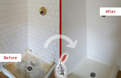Sir Grout Cleans this Stone Creek Shower Tile and Grout to Remove Soap Scum Before and After Picture of a Stone Creek Shower Tile and Grout Cleaned to Remove Soap Scum