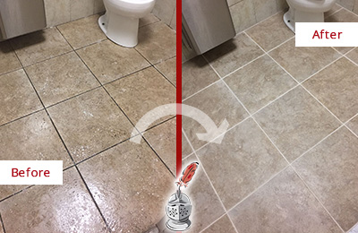 Sir Grout Cleans this Stone Creek Restroom Tile and Grout to Remove Soil Before and After Picture of a Stone Creek Restroom Tile and Grout Cleaned to Remove Soil