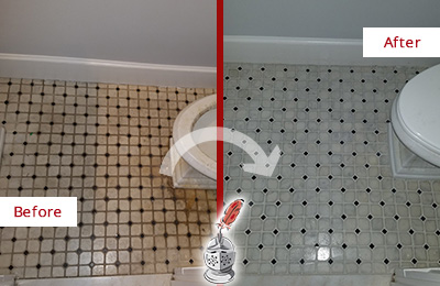 Sir Grout Cleans this Stone Creek Bathroom Tile and Grout Cleaned to Remove Stains Before and After Picture of a Stone Creek Bathroom Tile and Grout Cleaned to Remove Stains