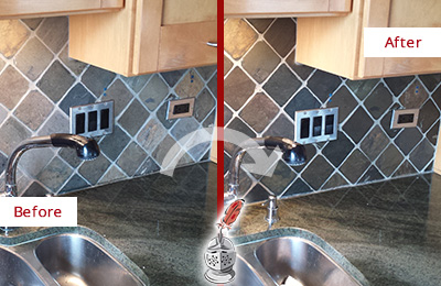 Sir Grout Caulks this Hudson Backsplash Caulked to Fix and Prevent Water Leaks Before and After Picture of a Hudson Backsplash Caulked to Fix and Prevent Water Leaks