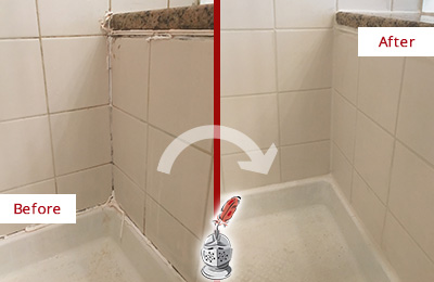 Sir Grout Caulks this Hudson Shower Caulked to Repair Damaged Caulking Before and After Picture of a Hudson Shower Caulked to Repair Damaged Caulking