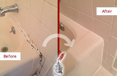 Before and After Picture of a Holiday Bathroom Sink Caulked to Fix a DIY Proyect Gone Wrong