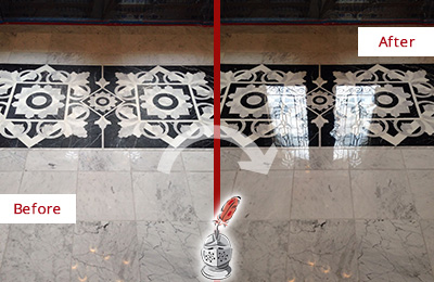 Before and After Picture of a St. Petersburg Marble Stone Floor Polished to a Mirror Shine
