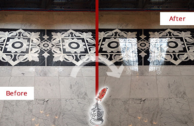 Sir Grout Polishes this Tampa Marble Stone Floor to a Mirror Shine Before and After Picture of a Tampa Marble Stone Floor Polished to a Mirror Shine