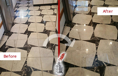 Sir Grout Polishes this Dull Tampa Marble Stone Floor To Recover Its Luster Before and After Picture of a Dull Tampa Marble Stone Floor Polished To Recover Its Luster
