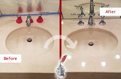 Sir Grout Polishes this Dull Tampa Marble Stone Vanity Top to Bring-Back Its Sheen Before and After Picture of a Dull Tampa Marble Stone Vanity Top Polished to Bring-Back Its Sheen