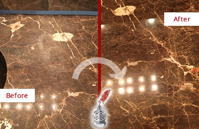 Before and After Picture of a Holiday Marble Stone Countertop Polished to Eliminate Stains